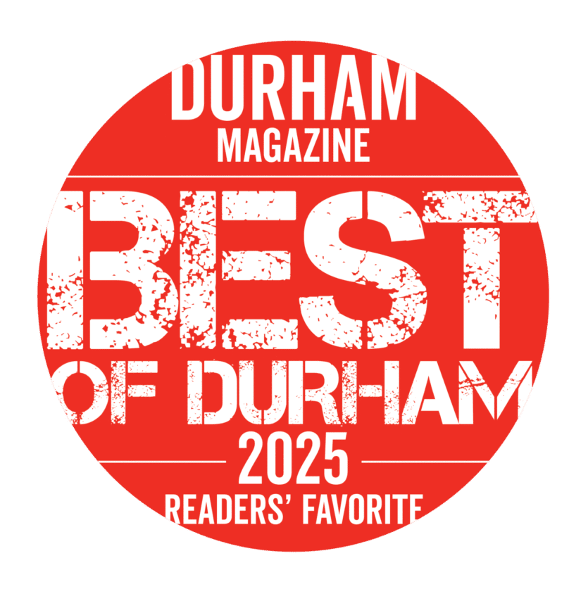 A red circle logo says Durham Magazine Best of Durham 2025 Reader's Favorite